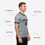 Back view of custom grey mens soccer training jersey with sublimated player number and surname zone