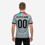 Close detail of sublimated splash graphic on grey mens soccer training jersey with black cuff trim