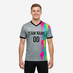 Custom mens soccer training jersey in grey with hot pink neon green and aqua splash print front view