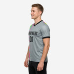 Mens soccer training jersey grey multicolor splash side right view showing wrap-around graphic