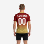 Full-dye sublimated mens soccer training jersey in Maroon and Athletic Gold showing back print zone detail