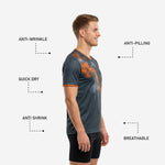 Orange contrast trim on V-neck collar of custom mens soccer training top in graphite