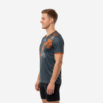 Custom mens soccer training top in graphite and orange, right side view showing sleeve cuff orange trim detail