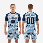 Back view of custom men's soccer uniform in Navy Blue and Ice Blue digital camo showing back player name and number print zones