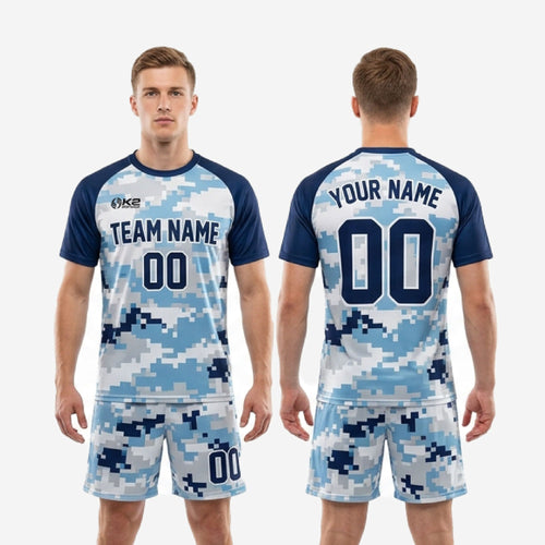 Back view of custom men's soccer uniform in Navy Blue and Ice Blue digital camo showing back player name and number print zones
