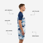 Matching digital camo soccer shorts with sublimated player number on left leg, part of the custom men's soccer uniform set