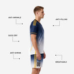 Custom men's soccer shorts in navy to white gradient with gold side panel stripe and sublimated player number