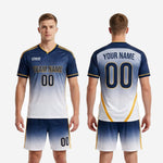 Custom men's soccer uniform full kit back view in navy blue and white gradient with gold trim and back player number