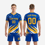 Custom men's soccer uniform in Royal Blue and Athletic Gold showing back number placement and sublimated star-field design