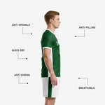 White custom soccer shorts with Forest Green side stripe and sublimated player number, part of men's soccer uniform set