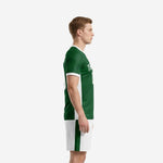 Custom men's soccer uniforms Forest Green and White side view showing white contrast panel on jersey and green side stripe on shorts