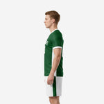 Men's soccer uniform set in Forest Green with white side panels and V-neck trim, white shorts with Forest Green stripe, right side profile