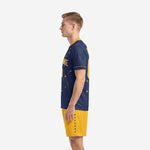 Custom men's soccer kit in Navy Blue and Athletic Gold with constellation graphic across jersey and shorts leg detail, right side view