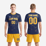 Full custom men's soccer uniform set in Navy Blue and Athletic Gold showing complete matchday kit with sublimated constellation design