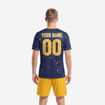 Custom men's soccer jersey back view in Navy Blue with Athletic Gold star constellation pattern and player name and number print zones
