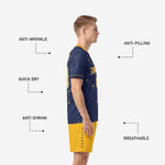 Athletic Gold custom soccer shorts with Navy Blue constellation detail on left leg and player number on right leg