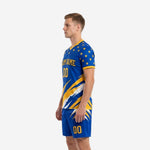 Custom men's soccer uniforms in Royal Blue and Athletic Gold with V-neck collar and Athletic Gold trim cuffs, right side view