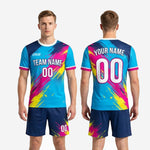 Custom men's soccer uniforms sky blue and navy blue full kit back view showing player name and back number placement