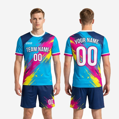 Custom men's soccer uniforms sky blue and navy blue full kit back view showing player name and back number placement
