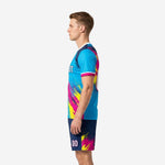 Custom men's soccer uniforms sky blue and hot pink full-dye sublimated kit side view with navy blue matching shorts
