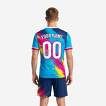 Custom men's soccer uniforms sky blue matchday kit front detail showing team name and number print on chest