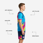 Custom men's soccer uniforms sky blue kit shorts detail with hot pink and canary yellow splash accent and player number