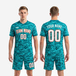 Full detail view of custom men's soccer uniforms in teal camo matchday kit with sublimated camo pattern
