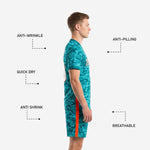 Back view of custom men's teal camo soccer jersey showing player name and number print zones