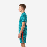 Custom men's soccer uniforms teal camo kit right-side profile showing V-neck jersey and matching camo shorts