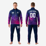 Mens custom tracksuit set back view showing full galaxy gradient sublimation across jacket and matching navy pants with fuchsia trim