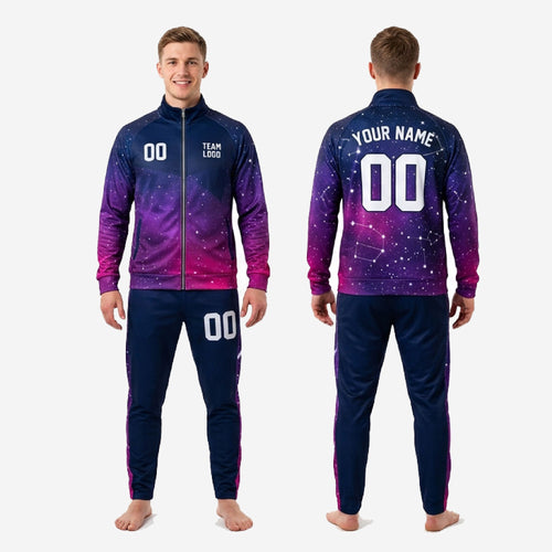 Mens custom tracksuit set back view showing full galaxy gradient sublimation across jacket and matching navy pants with fuchsia trim