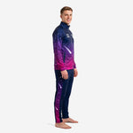Mens custom tracksuit set side view showing Navy Blue to Hot Pink sublimated gradient and fuchsia side stripe on tapered pants