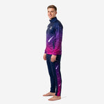 Custom soccer tracksuit set in Navy and Fuchsia galaxy design, right-side view showing shooting star sublimation detail and stand collar