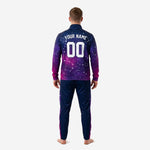 Full-dye sublimated mens soccer tracksuit jacket in Navy Blue and Hot Pink galaxy gradient with chest crest and player number print zones