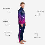 Custom tapered navy soccer tracksuit pants with fuchsia gradient side stripe and sublimated comet detail