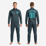 Custom mens tracksuit set full length view in Steel Blue and teal geometric print, showing jacket and pants 2-piece set for club squads