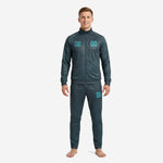 Custom mens tracksuit set in Steel Blue with teal geometric circuit-board print, full-zip stand collar jacket and matching tapered pants, front view
