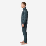 Custom mens tracksuit set side profile showing Steel Blue and teal sublimated geometric print across jacket and matching pants