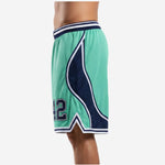 Opposite side view of custom mint green basketball shorts with navy side panel and alternating navy and white striped waistband
