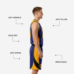Back view of custom navy and gold basketball jersey showing player name and back number on navy with gold side panel accents