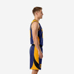 Adult male wearing custom navy and gold basketball uniform set with gold curved side panels and team name arced across the navy chest