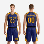 Size and specification sheet for custom navy and gold basketball uniform sets available in youth and adult sizing