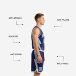 Custom navy basketball uniform shorts detail showing silver waistband trim, player number on leg, and white hem binding