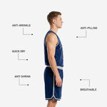 Back view of custom navy basketball uniforms showing player name and back number placement on fully sublimated navy jersey