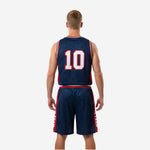 Back view of custom navy basketball uniform showing player name and number placement on jersey and shorts