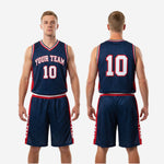 Size and specification sheet for custom navy and red basketball uniform set with youth and adult sizing chart