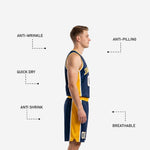 Back view of custom navy blue basketball uniform displaying back number placement and gold side panel continuity on jersey and shorts