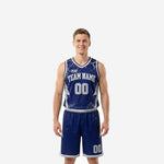 Custom navy blue basketball uniform full set front view showing marble texture jersey with silver lightning bolt side panels and matching shorts