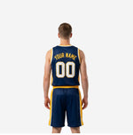 Right side profile of custom navy and gold basketball uniform set showing elastic waistband stripe and shorts side split at hem