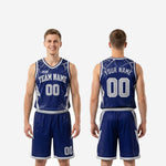 Custom navy blue basketball uniform size and specification sheet showing youth and adult sizing options for the full set